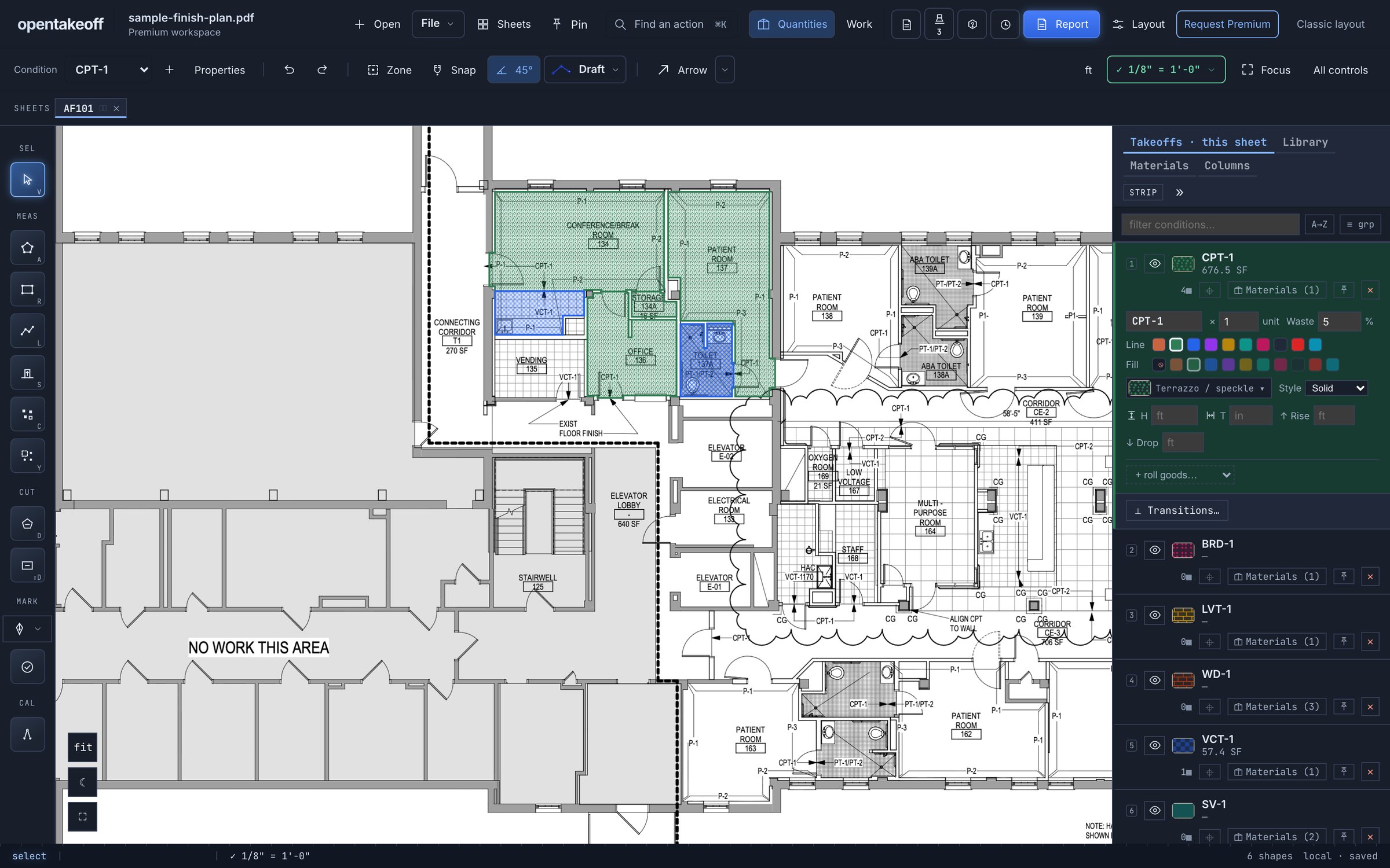 The OpenTakeoff Premium workspace with rooms measured and the Takeoffs panel open