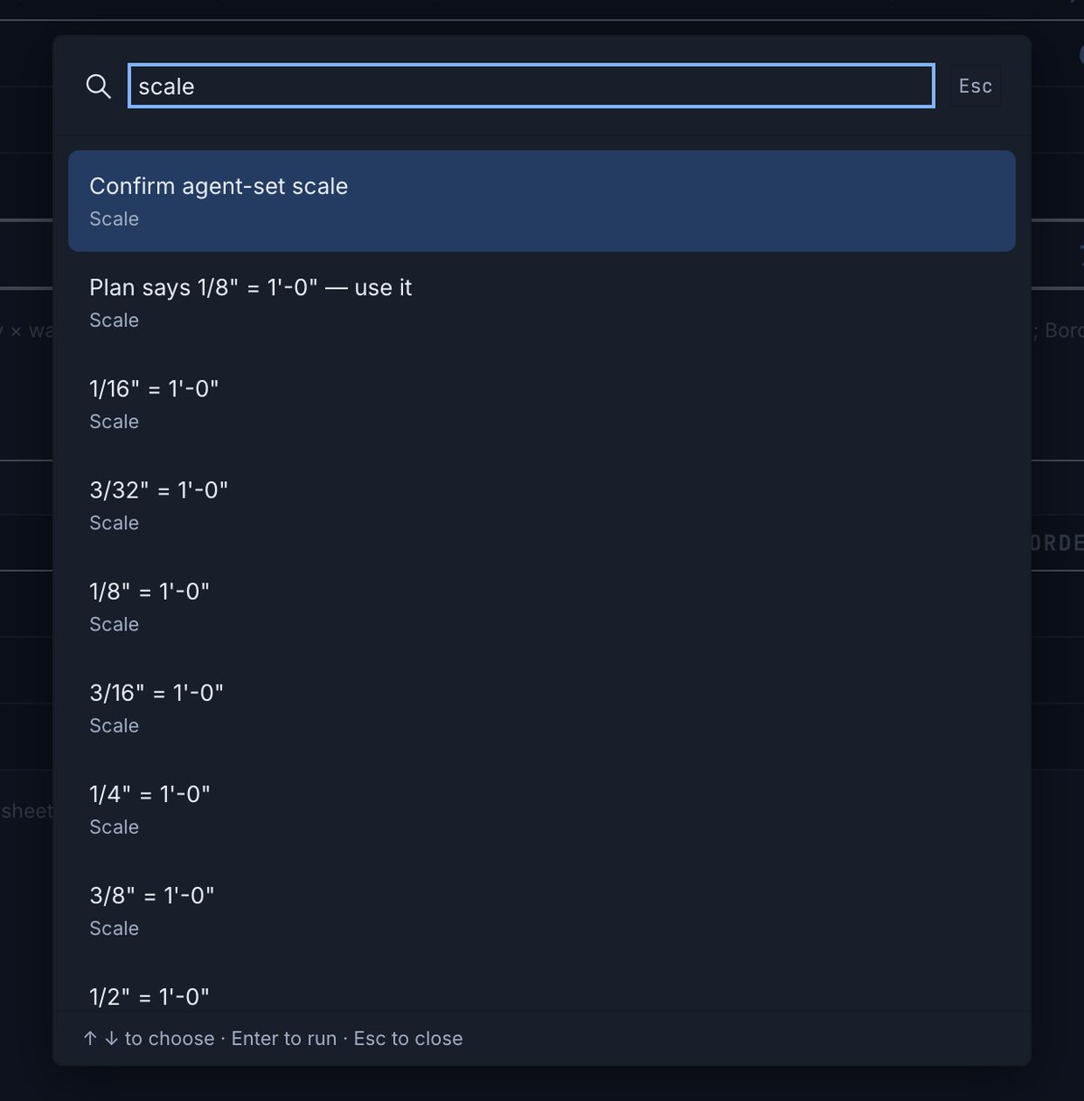 The command palette with Confirm agent-set scale as the first result