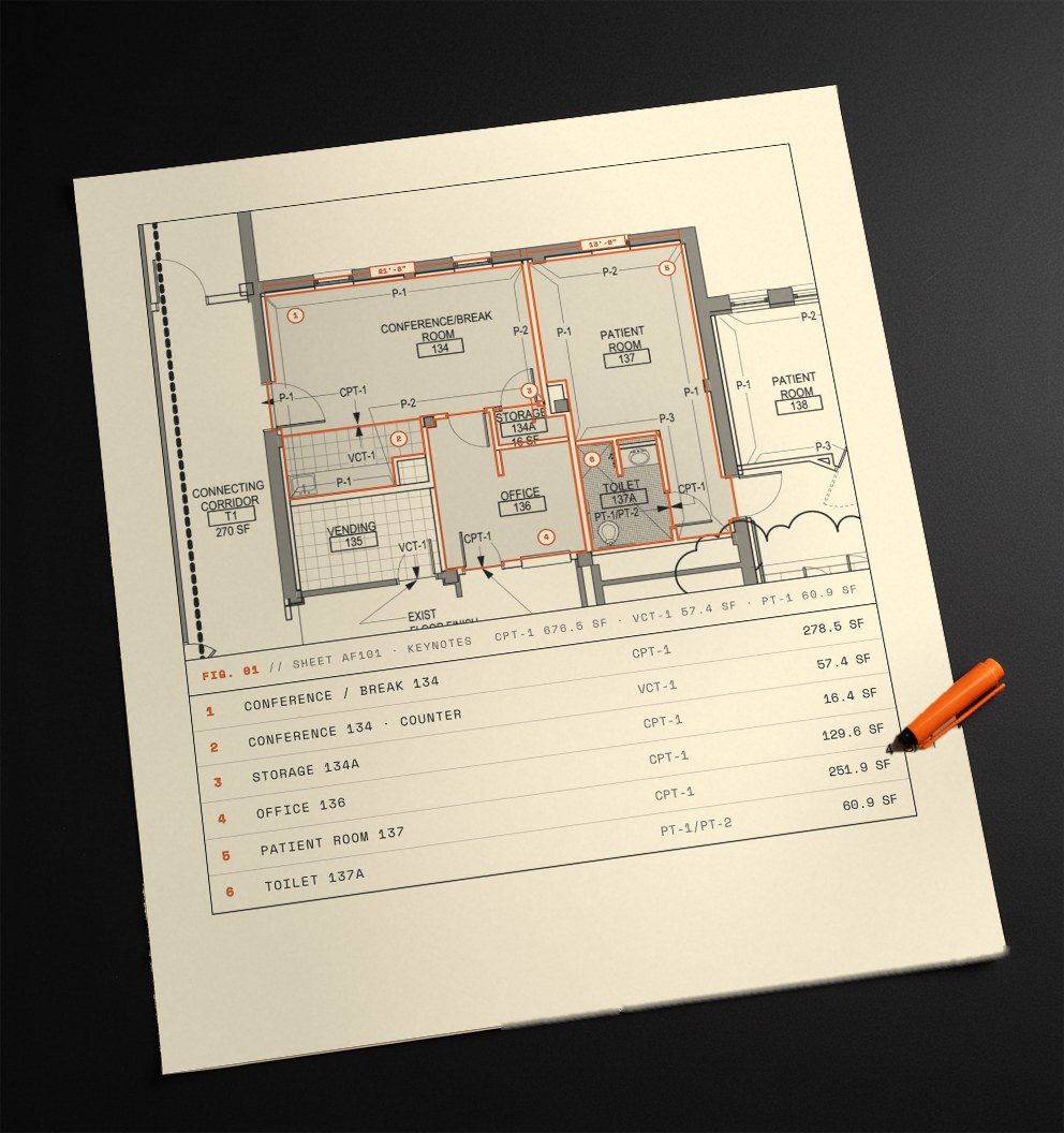 The marked set printed on cream paper: six rooms outlined in orange ink with numbered keynotes, and a keynote schedule listing each room, its finish and square feet, with an orange marker beside it
